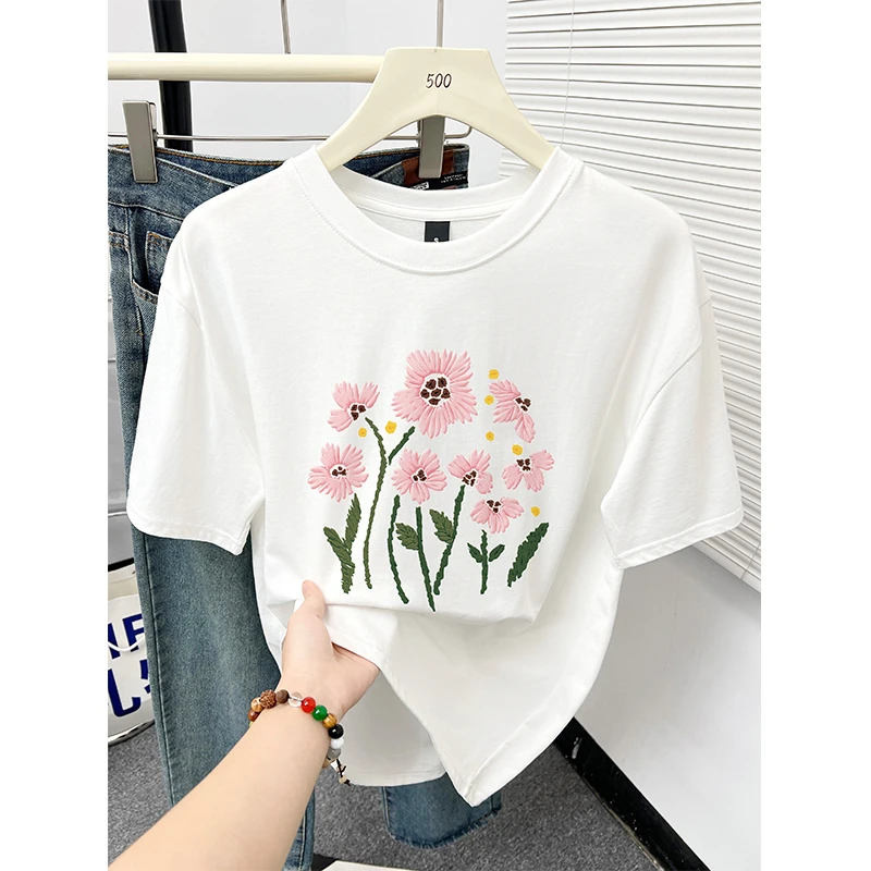 韩系减龄花卉印花纯棉短袖t恤ins夏季新款洋气宽松大码女装上衣