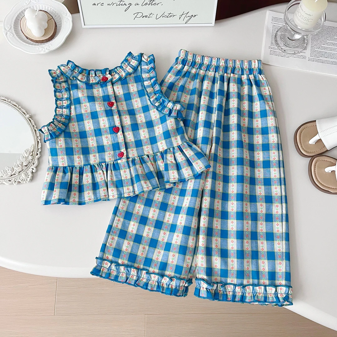 【田园兰度】2025夏季新款甜美女童洋气休闲网红格子套装S24331
