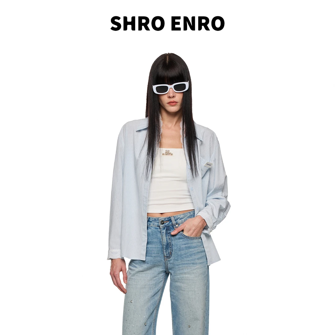 SHRO ENRO 2025秋季法式高级蕾丝拼接条纹长袖衬衫S52A03YL058
