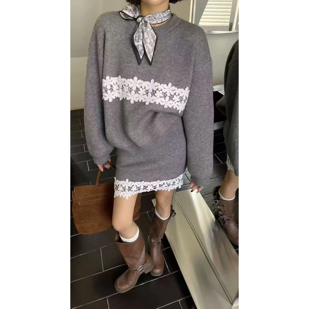 法式轻奢毛衣套装蕾丝森系甜美ins风针织短裙两件套韩系小众设计