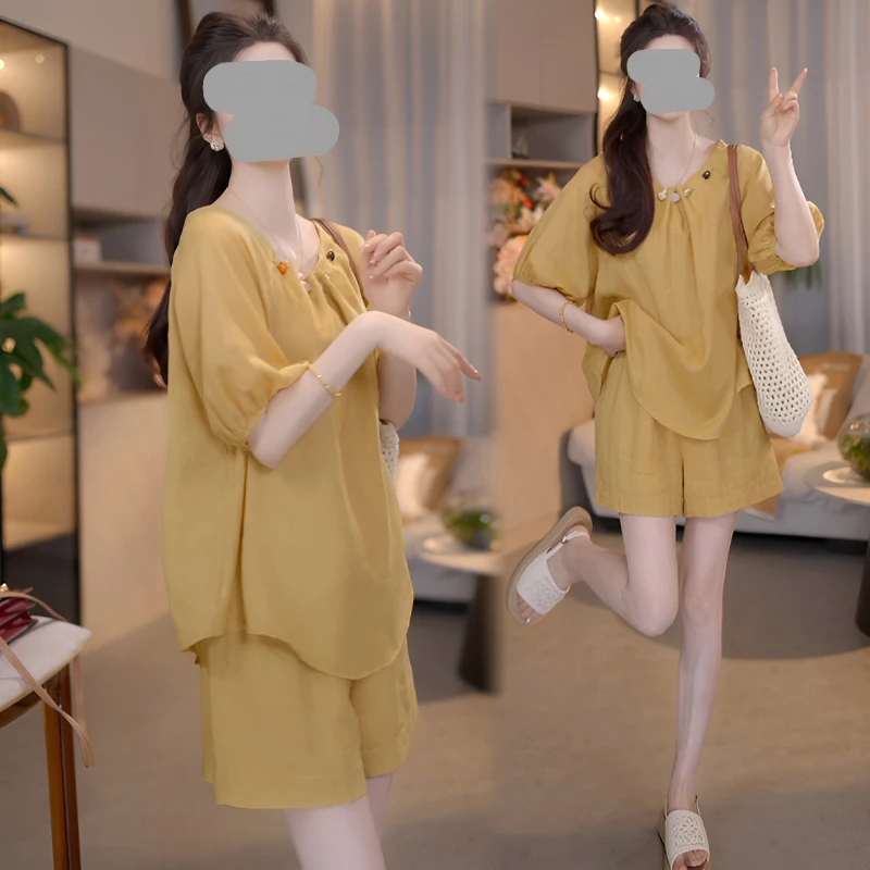 高级感套装夏季韩系简约减龄短袖衬衫小个子阔腿短裤休闲两件套