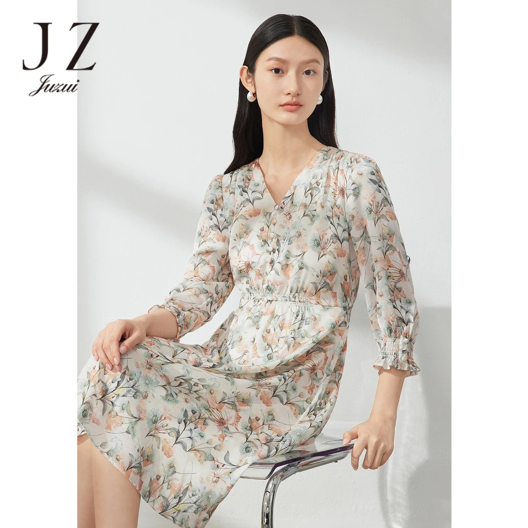 【丽公主专属】JZ玖姿JTDC50025缎面连衣裙女夏季花卉印花设计