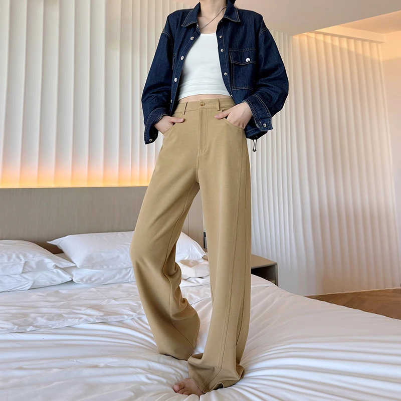 卡其色天丝西装阔腿裤女春秋垂感弯刀绵羊毛加长高个子窄版直筒裤