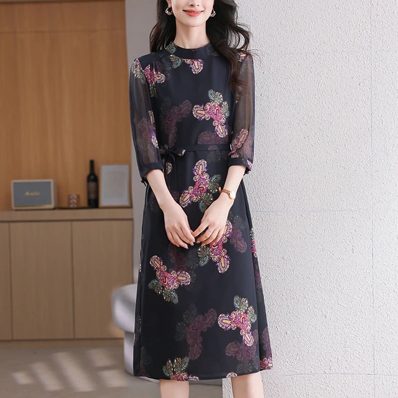 高档大气上档次连衣裙长款过膝气质女装2025新款时尚印花雪纺裙子