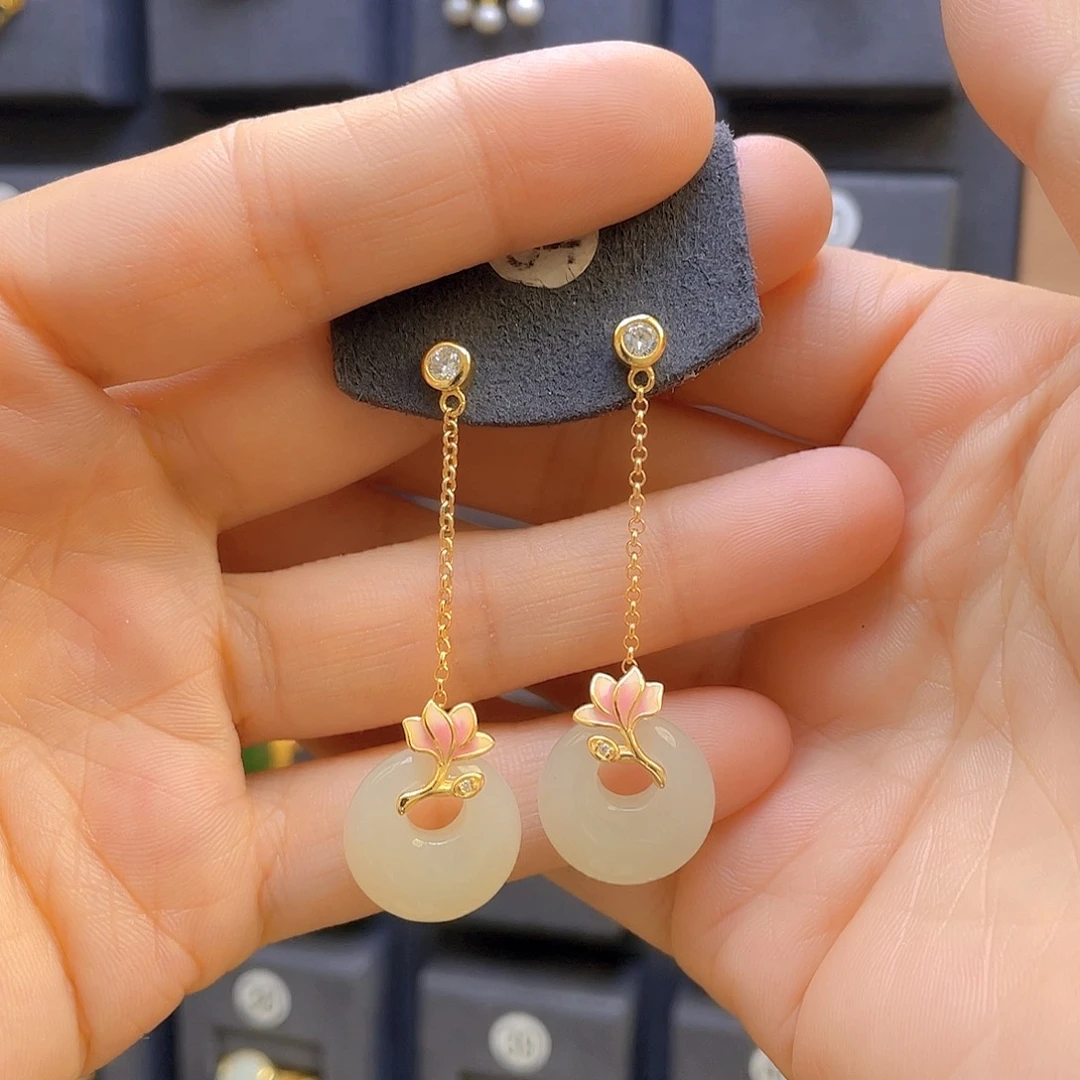 和田玉耳饰银S925镀金镶嵌