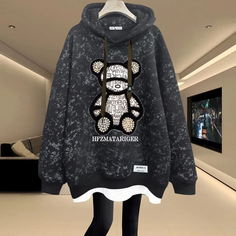 连帽卫衣女2025秋冬新款中长款假两件遮屁股加绒加厚宽松上衣外套