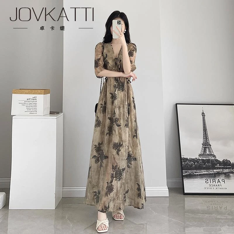 Jovkatti高级感超好看连衣裙女夏2025新款女装收腰显瘦气质碎花