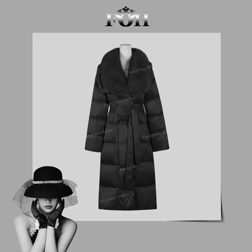 2024冬季中长款缎面长条狐狸毛领羽绒服707