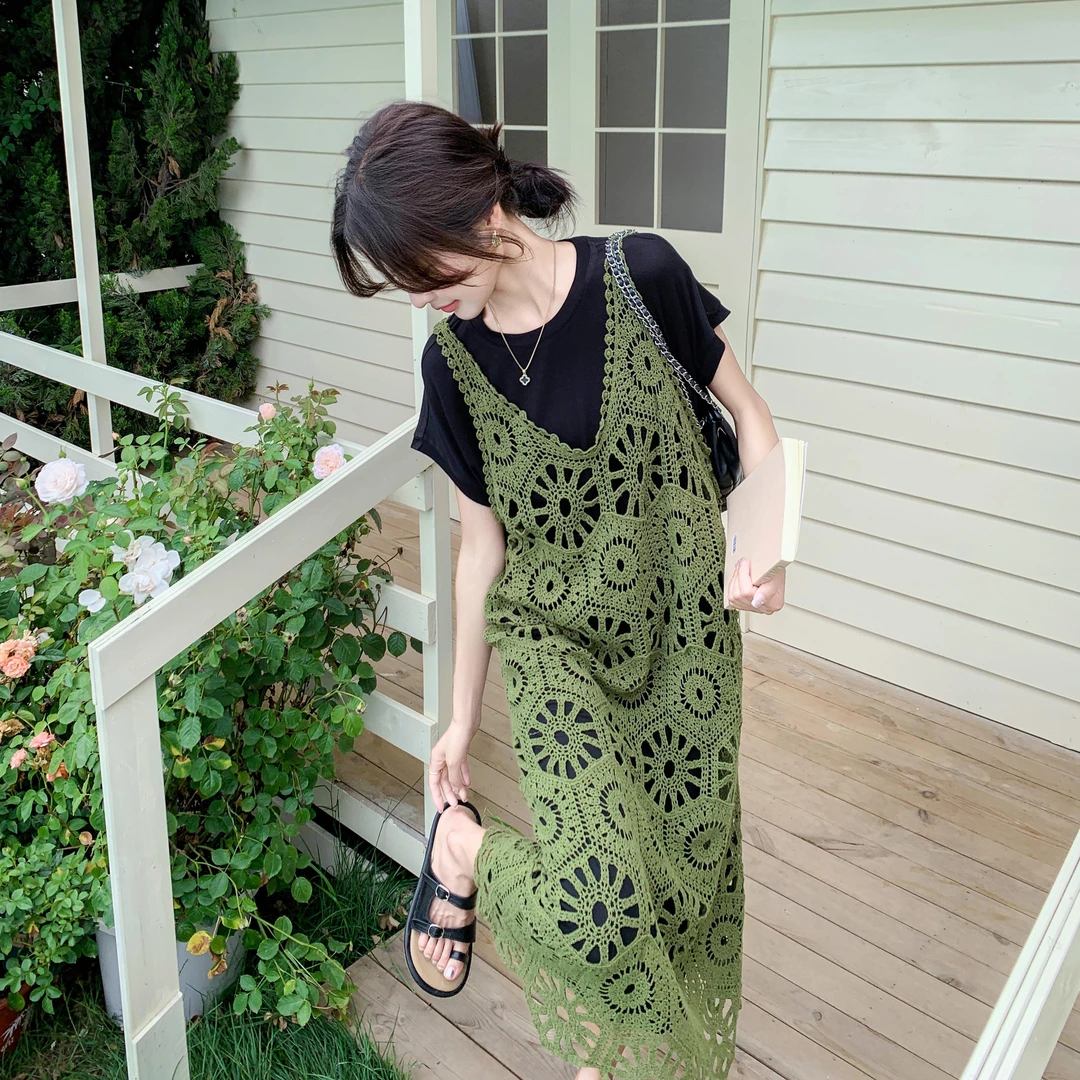 撞色设计感宽松连衣裙套装女夏季镂空吊带裙韩版遮肚显瘦小黑裙子