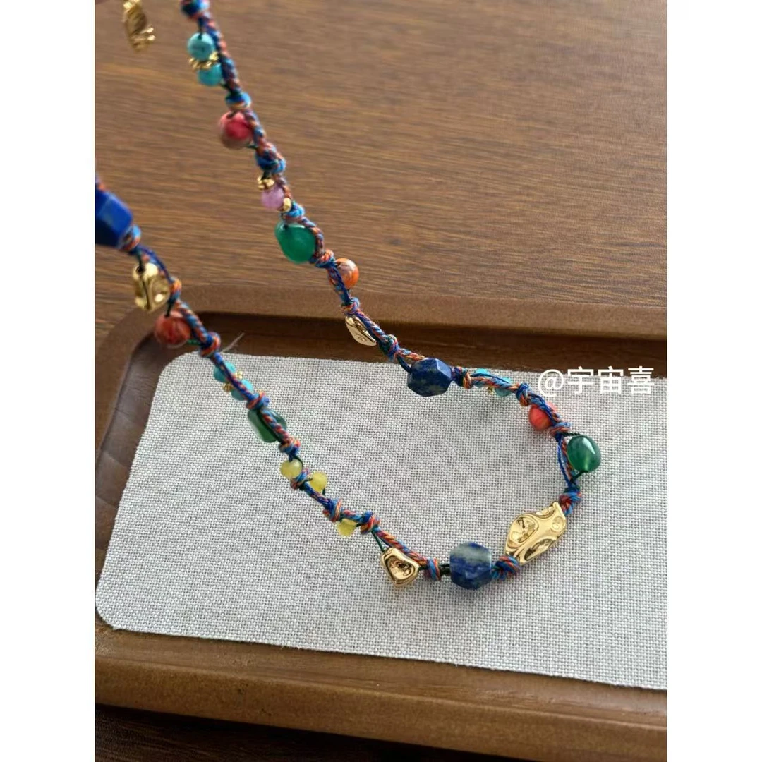 铜合金布艺项链 【串珠多股绳编珠项链手工编织项链】