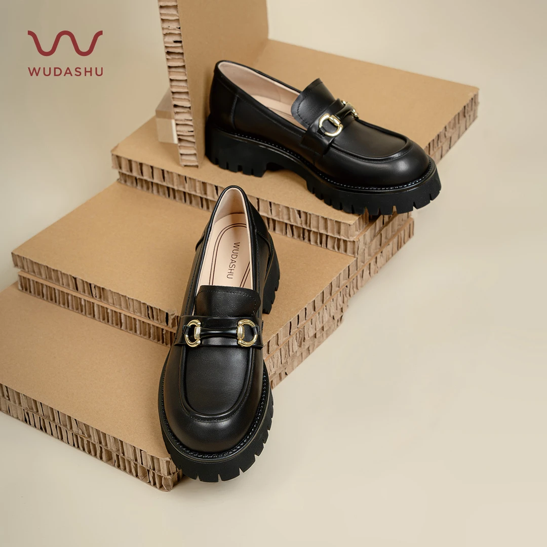 吴大叔圆头复古真皮乐福鞋厚底黑色女鞋松糕底小个子休闲鞋D036