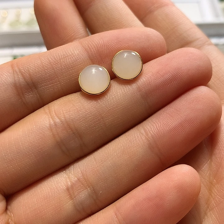银S925镀金镶嵌和田玉（白玉）耳饰
