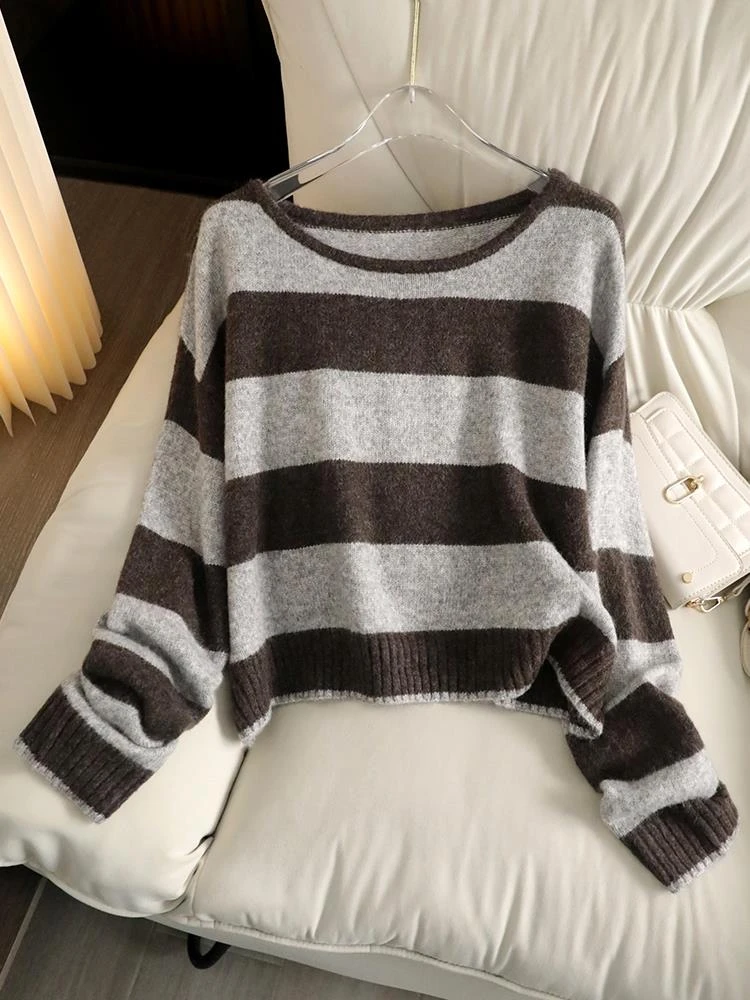 秋季新款软糯好品质亲肤细撞色慵懒条纹宽松长袖针织打底衫毛衣女