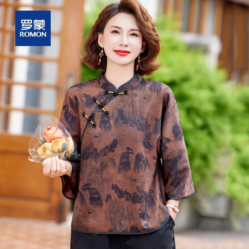 罗蒙中老年人奶奶夏装气质衬衫2025新款贵夫人国风复古小衫套装女