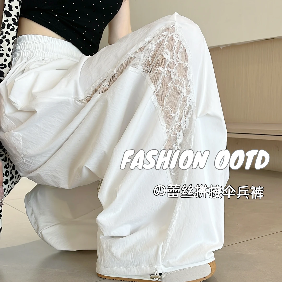夏季薄款百搭蕾丝工装裤女2025新款镂空拼接宽松阔腿直筒裤子