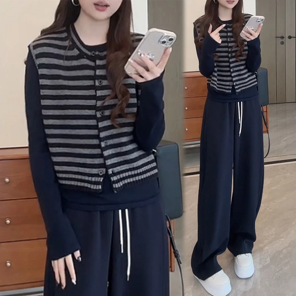港风复古时髦套装女2025春秋新款打底衫长袖针织马甲休闲裤三件套