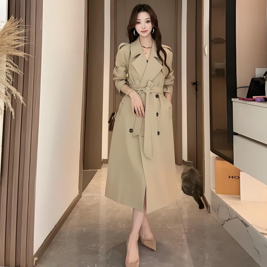 拉夏贝尔韩版气质中长款风衣外套女秋季爆款上衣系带收腰过膝大衣