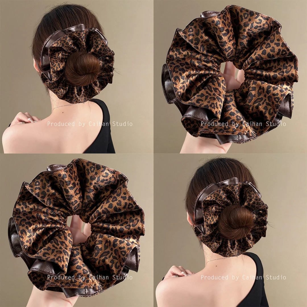 豹纹主义~韩系咖色豹纹皮质大肠发圈女高级感丸子头盘发器复古