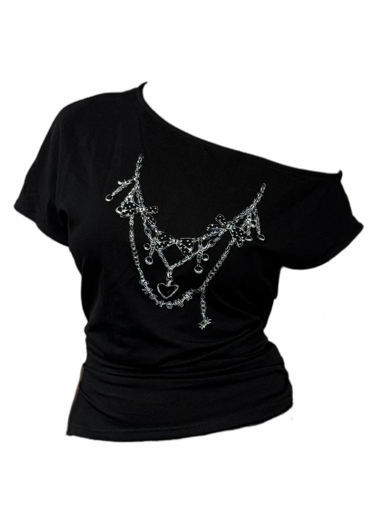 【Amy家】微胖mm纯欲风露肩短袖T恤女夏季设计感印花斜肩超好看上衣