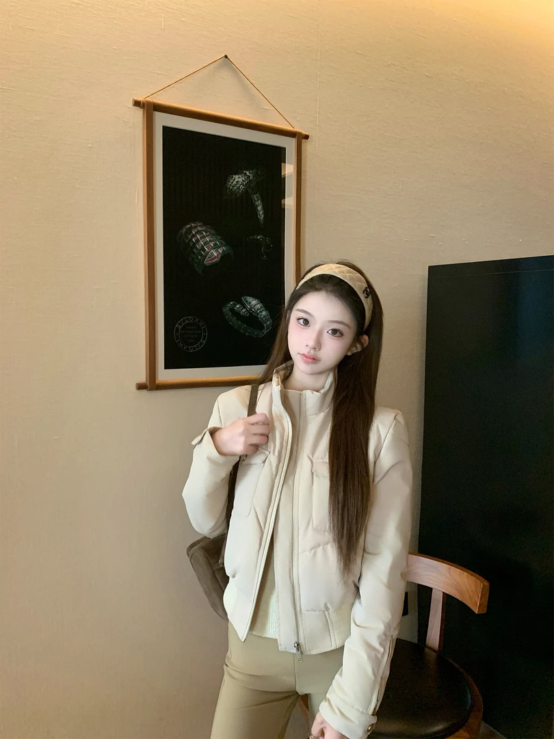 韩系卡其色棉服外套女2025年冬季宽松小个子短款收腰保暖立领棉衣