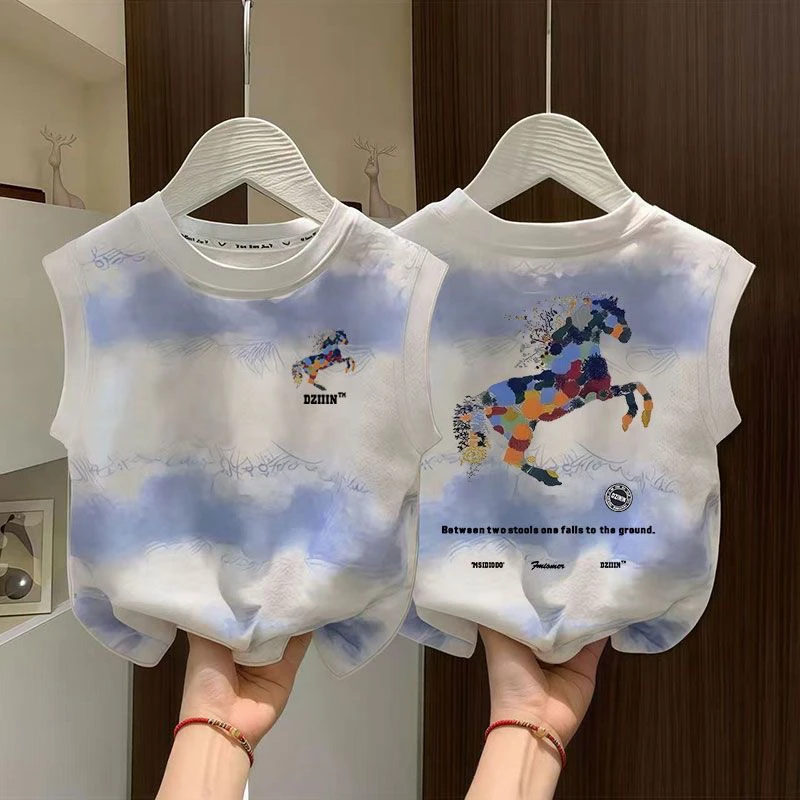 儿童纯棉卡通背心夏季新款T恤男童女童宝宝洋气印花韩版无袖上衣