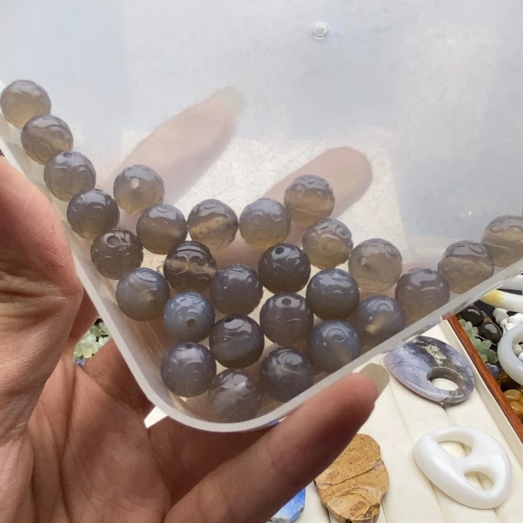 玛瑙/玉髓未镶嵌珠宝半成品5个装冰透灰玛瑙回纹珠10mm