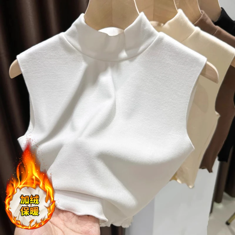 半高领德绒打底衫女假领子叠穿内搭无袖背心秋冬新款加绒保暖上衣
