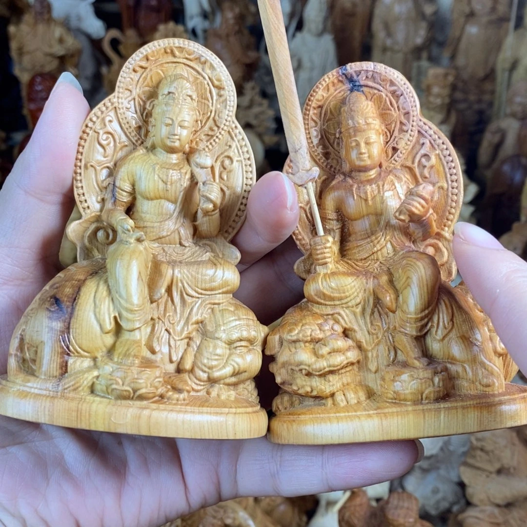 木微瑕木纹崖柏10高文殊普贤一对
