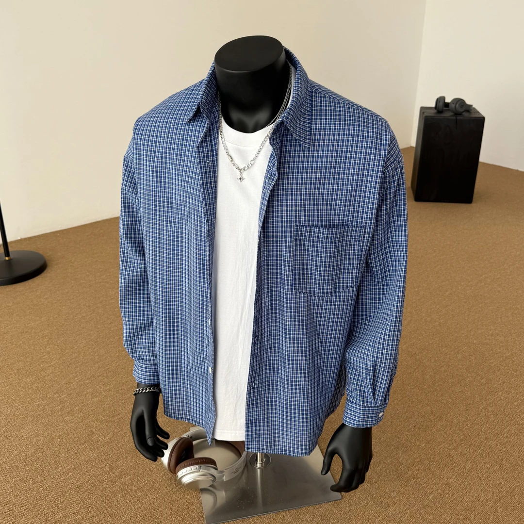 美式复古蓝色格子衬衫男款高级感休闲慵懒风长袖格纹情侣衬衣外套