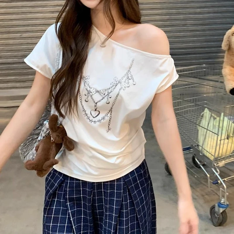 夏季新款露肩斜肩短袖大码女装白色T恤女装夏微胖上衣DT011播