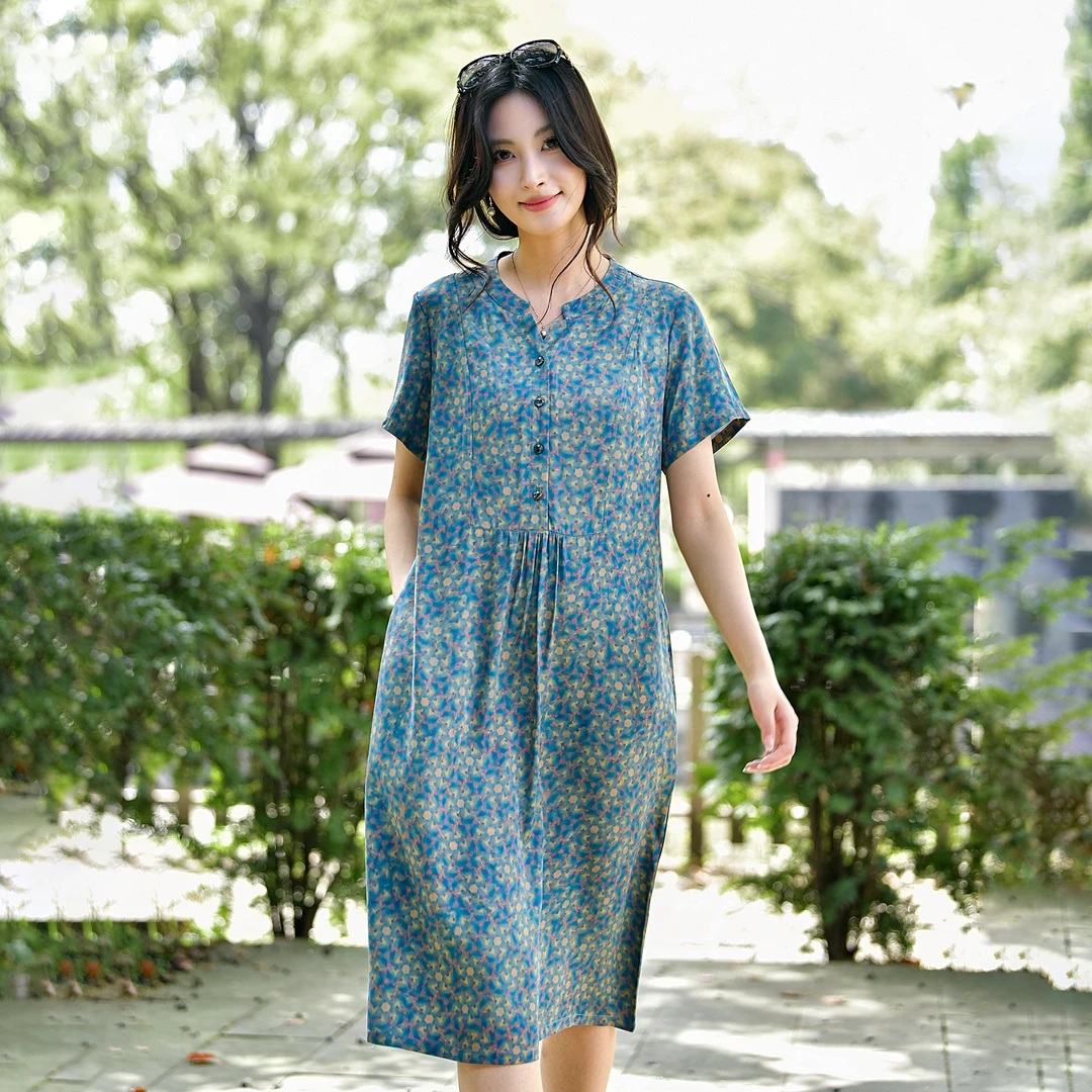 2025夏季新款棉绸连衣裙显瘦气质短袖中长A字款旅游度假沙滩裙子