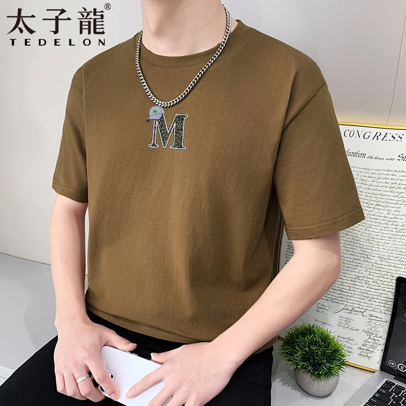 TEDELON/太子龙夏季圆领T恤男时尚小落肩短袖纯棉百搭透气半袖潮