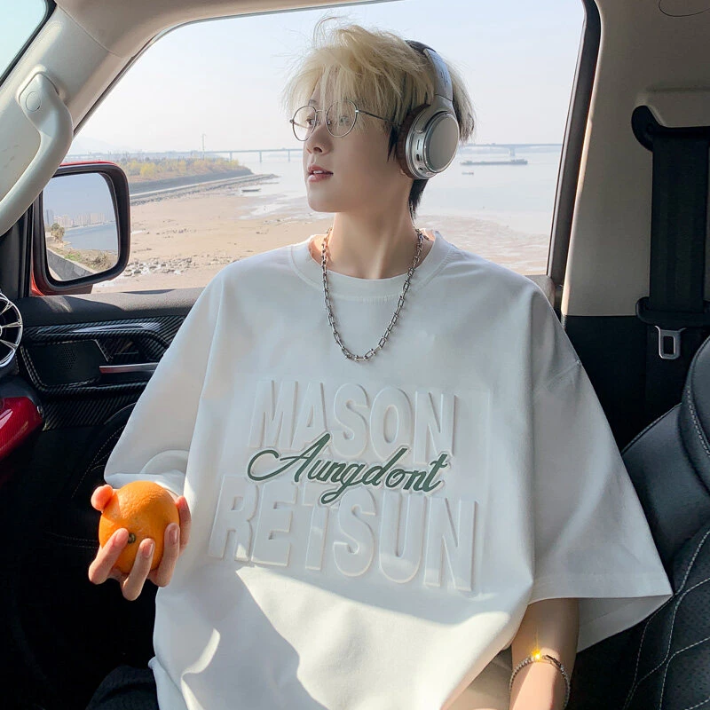 霄桂姿短袖t恤男学生夏季港风宽松上衣中袖潮牌时尚圆领五分袖男