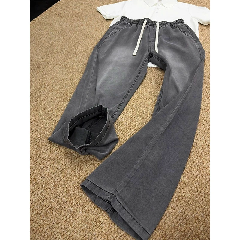 烟灰色冰丝阔腿牛仔裤男款夏季穿搭垂感显瘦直筒裤薄款抽绳休闲裤