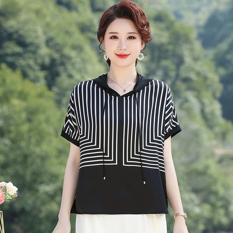 恒源祥彩羊年轻妈妈短袖T恤上衣2025新款夏季连帽条纹时尚洋气宽