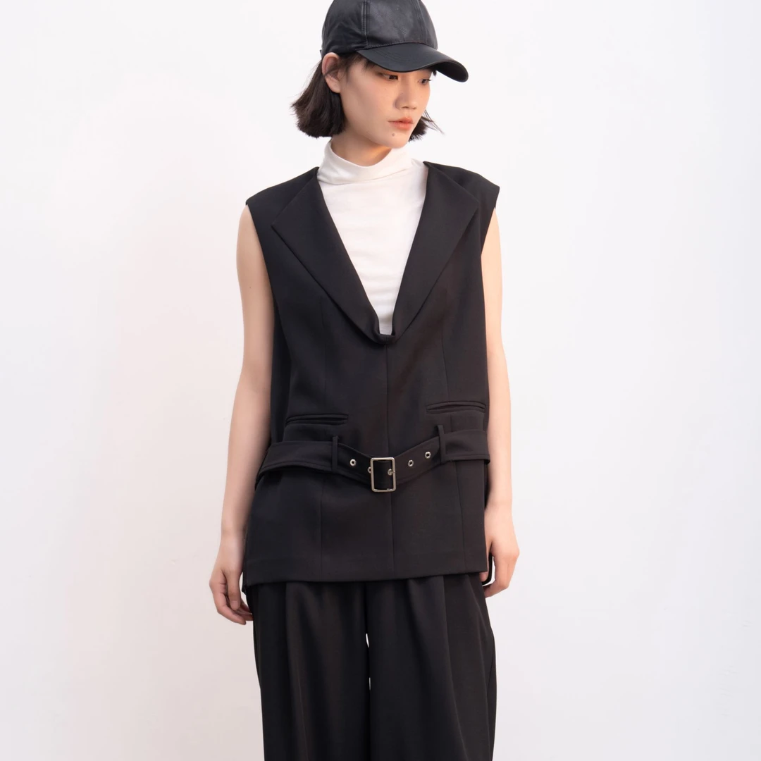 奢华风时尚薄款纯色通勤风马夹上衣黑色无袖马甲休闲短款简约通勤