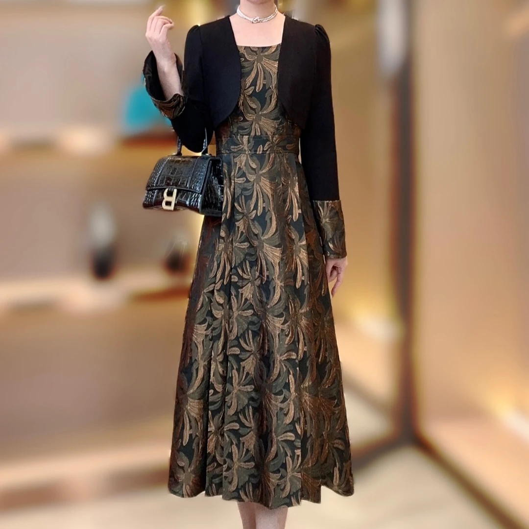 【82582】原创枫叶提花假两件连衣裙女气质优雅轻奢女装-82582佩