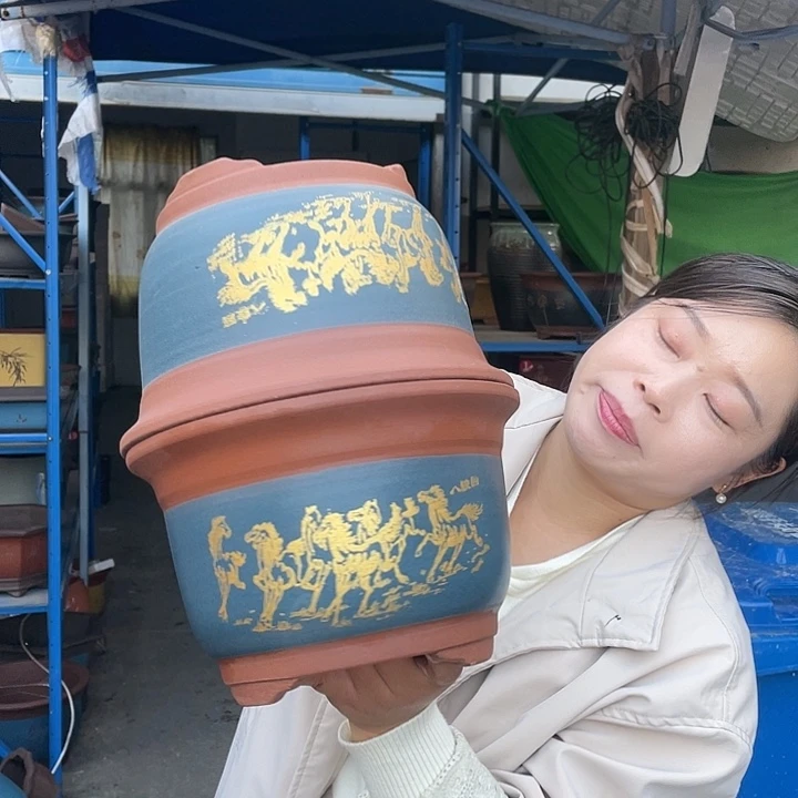 25+25蓝八骏图花盆紫砂花盆