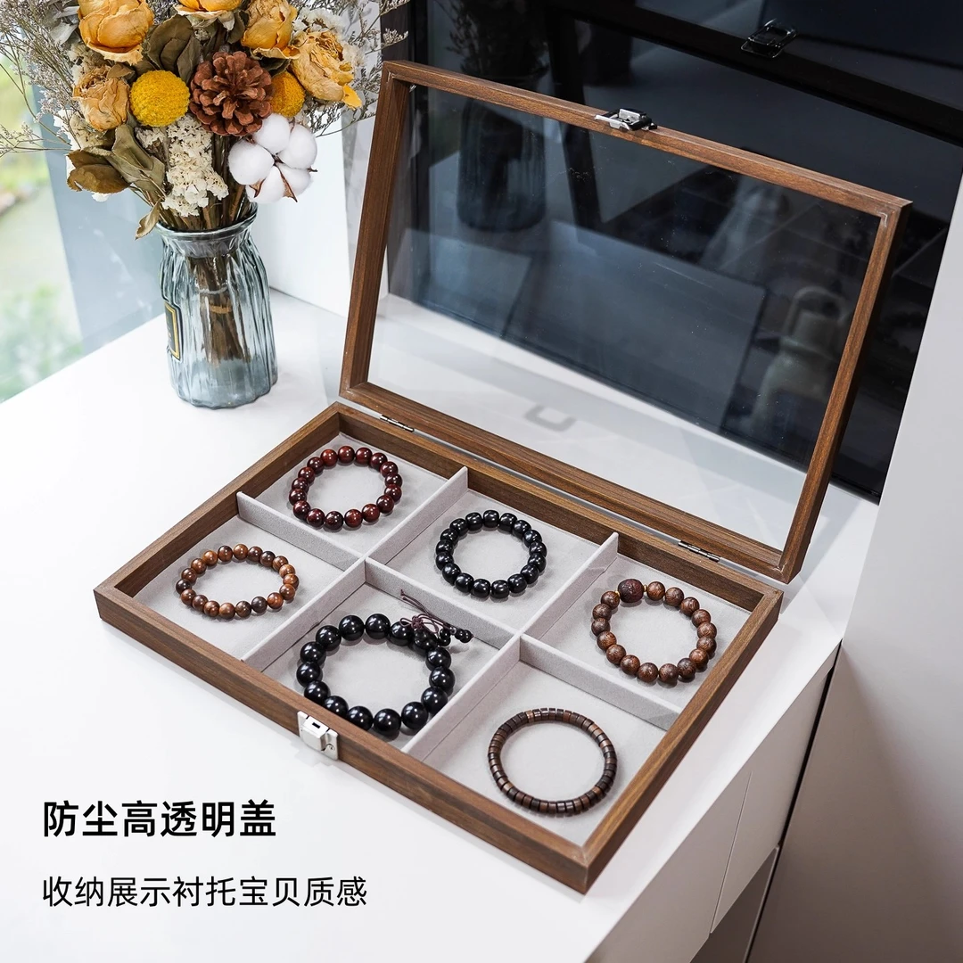 实用6位手串首饰收纳盒 黑胡桃木纹手链手镯饰品盒精致防氧化收藏