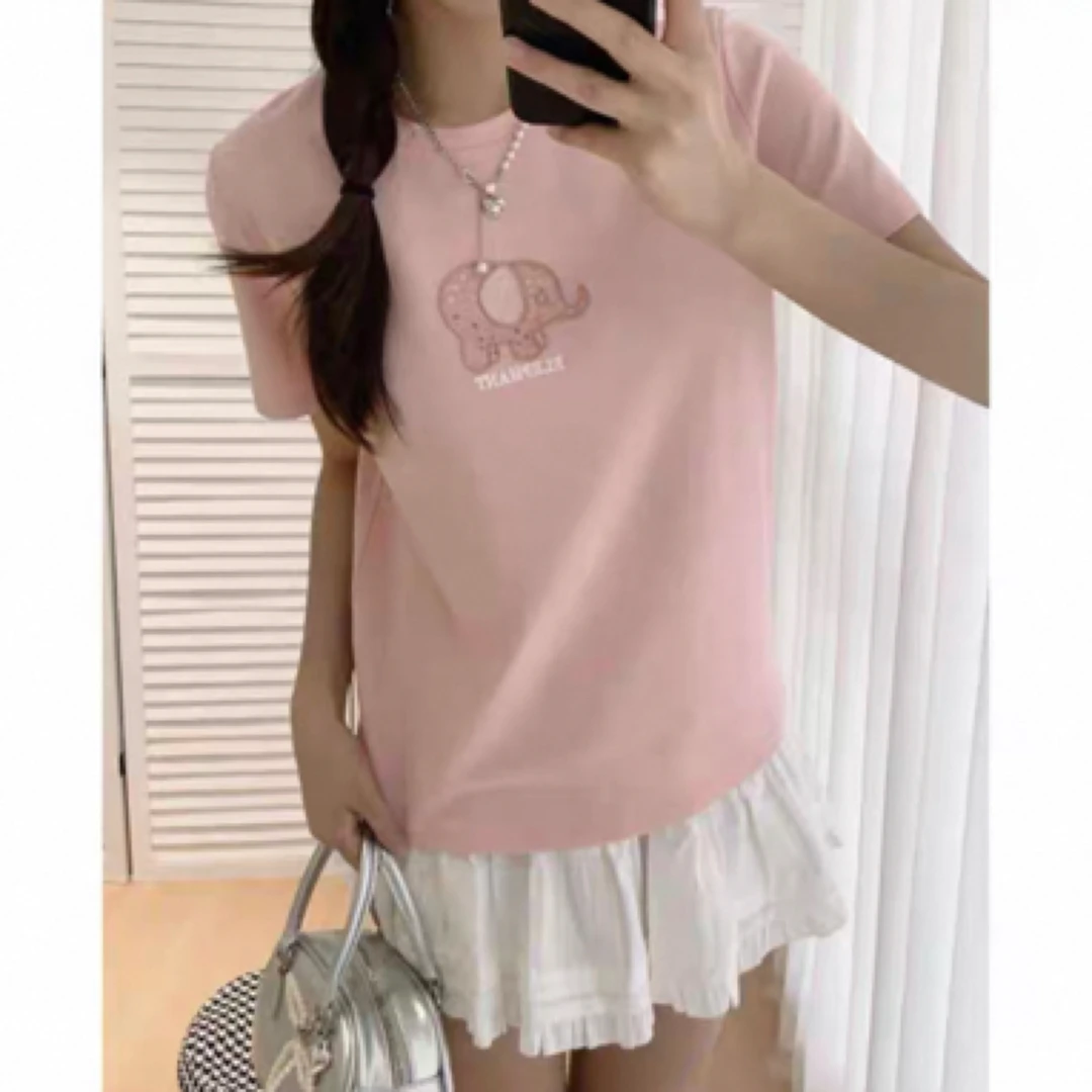 圆领抗起球刺绣新潮风3D短袖T恤白色小众ins辣妹风