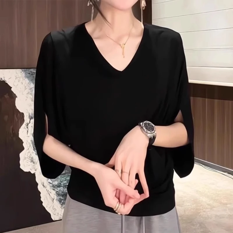适合胖mm大码女装正肩v领短袖t恤女夏季宽松显瘦简约通勤减龄上衣