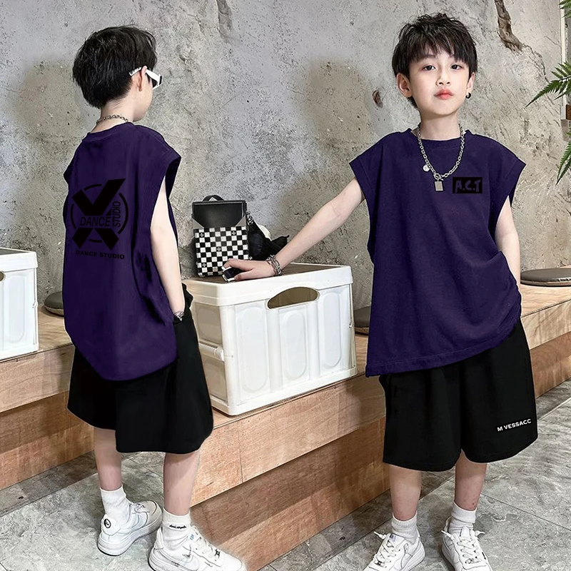 男童夏季字母纯棉背心套装中大儿童6-12帅气中大童休闲短裤两件套