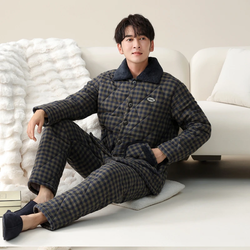 睡衣男士冬季三层加厚加绒梭织纯棉夹棉男款冬天珊瑚绒爸爸家居服
