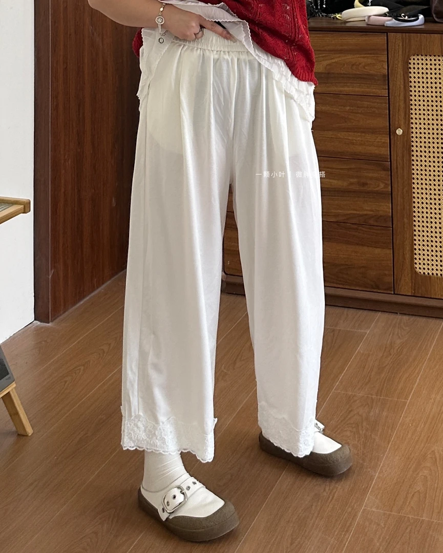 【一颗小叶】夏款薄款大码休闲花边裤显瘦裤腿库