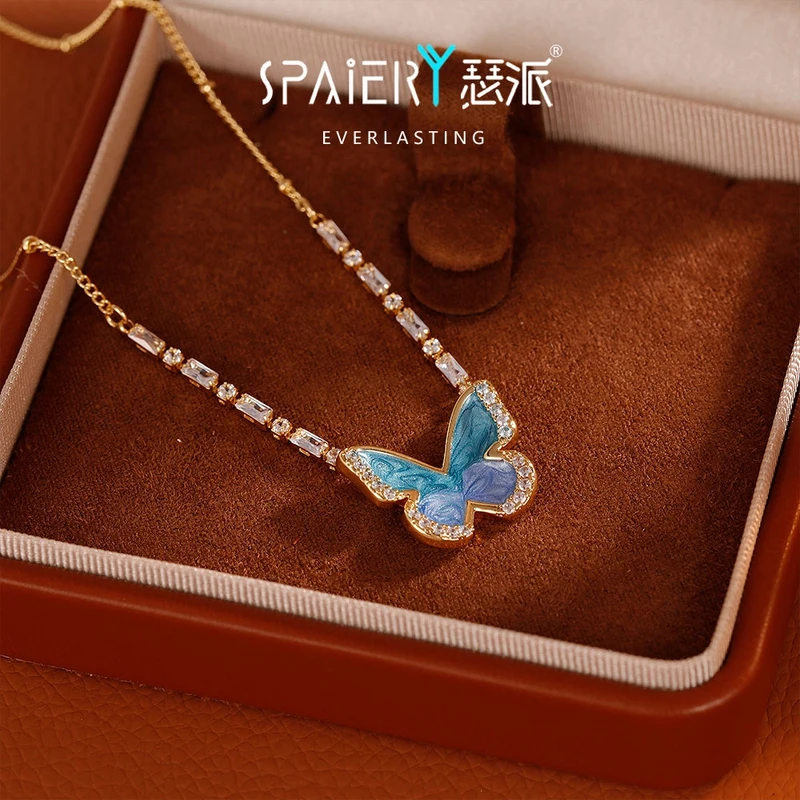 合金项链 【5132】珐琅滴油蝴蝶项链梦幻灵动小众气质高级感女项链