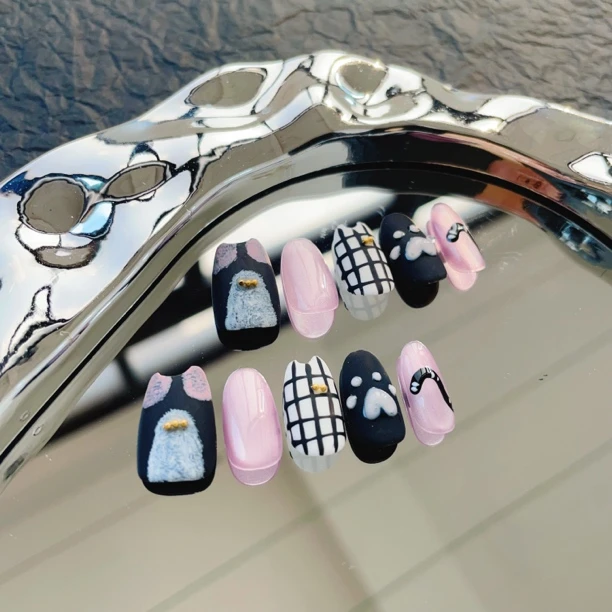 可爱猫咪手绘捏捏日常短款辣美式甜酷风高级感可拆卸纯手工穿戴甲