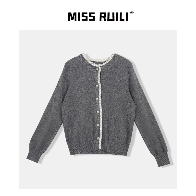 MISS RUILI定制 冬季韩版小清新时尚蕾丝花边气质减龄开衫A8559