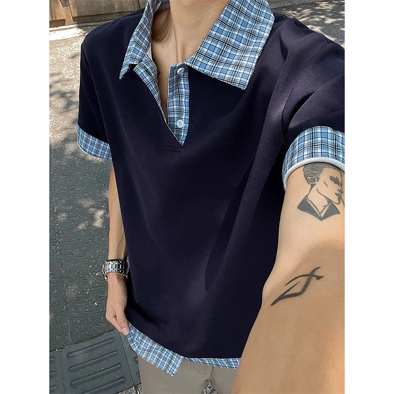 假两件拼接格纹polo领短袖男款衬衫夏季ootd穿搭正肩t恤翻领半袖