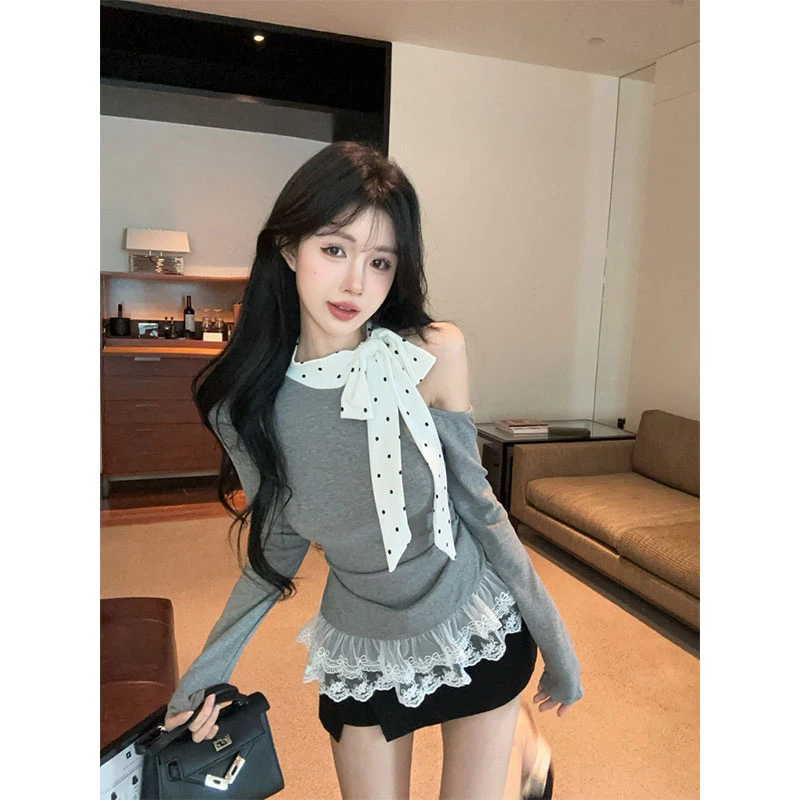 2025早秋新款高级感打底衫修身露肩斜肩长袖上衣修身百搭裙裤套装