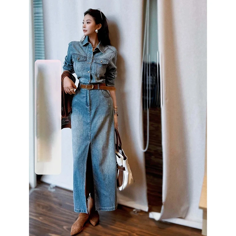 复古港味长袖牛仔连衣裙女秋季时尚高级感气质长款遮肚显瘦A字裙